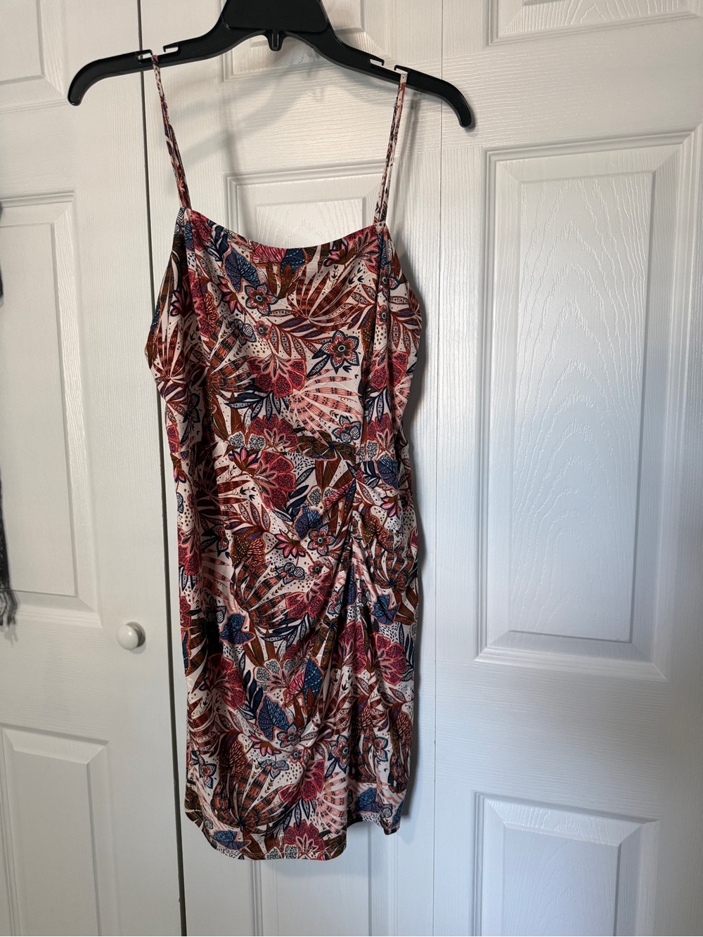 Aqua Floral Ruched Sleeveless Dress Size Large Adjustable Straps